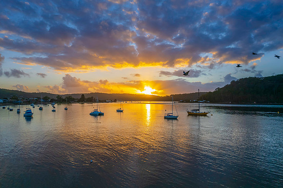 Birds eye view sunrise waterscape