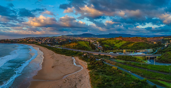 Aerial sunrise views over Bombo Beach at Kiama